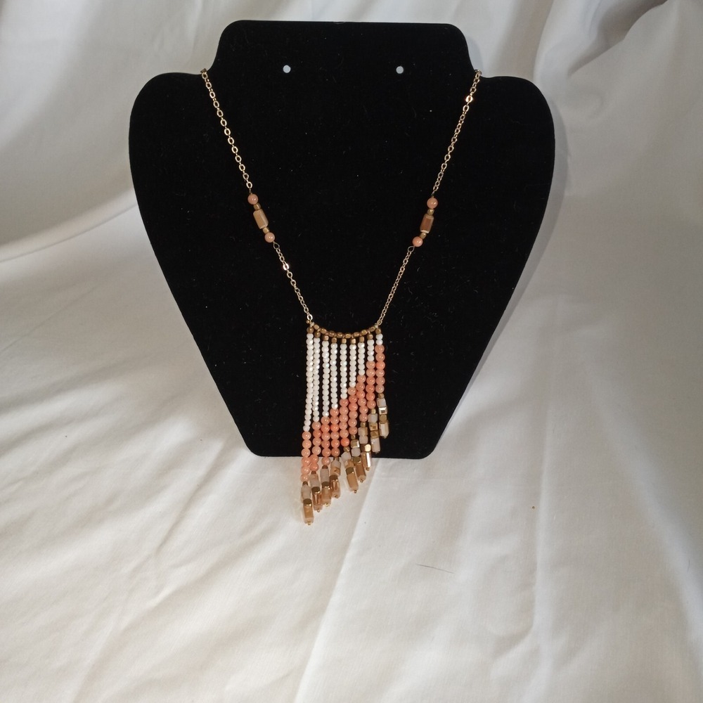 Fringe Necklace Gold Tone Beaded  Peach White Faceted Round Long Curtain